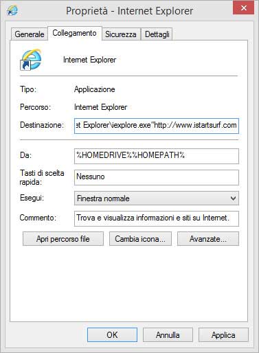 Proprietà collegamento Internet Explorer