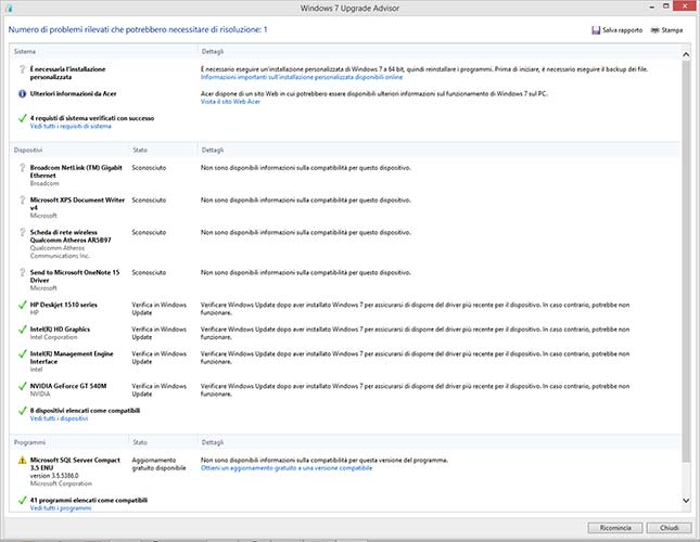 Windows 7 Upgrade Advisor elenco verifiche